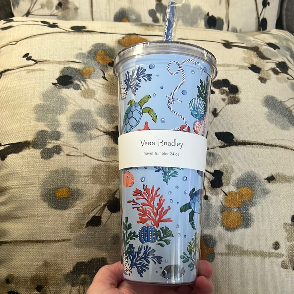 Vera Bradley 24 oz plastic travel tumbler w straw.  Nautical theme.